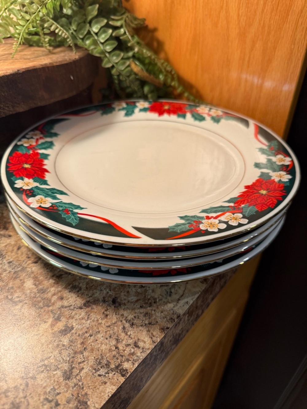 4-Tienshan Deck the Halls Fine China Christmas Dinner Plates Floral Pattern, 10”